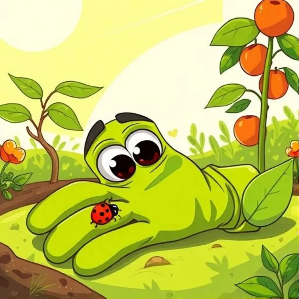 Verdecito, un guante verde, descansa en el jardín junto a un manzano y una mariquita.