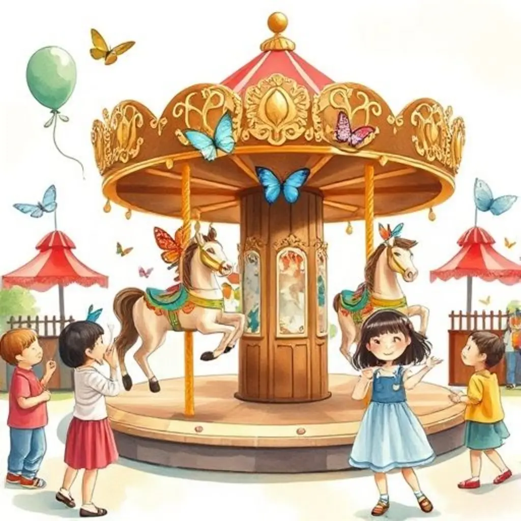 Brinco gira rápido, creando viento que hace volar sombreros y globos, mientras los niños ríen.