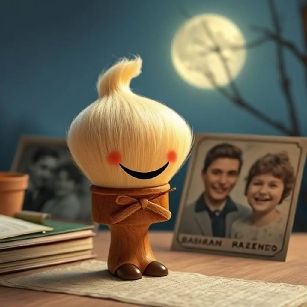 El pincel Recuerdos feliz y orgulloso, rodeado de fotos antiguas limpias y alegres.