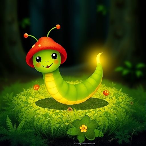 Gus, el gusanito de luz, dejando un rastro brillante en el musgo húmedo.
