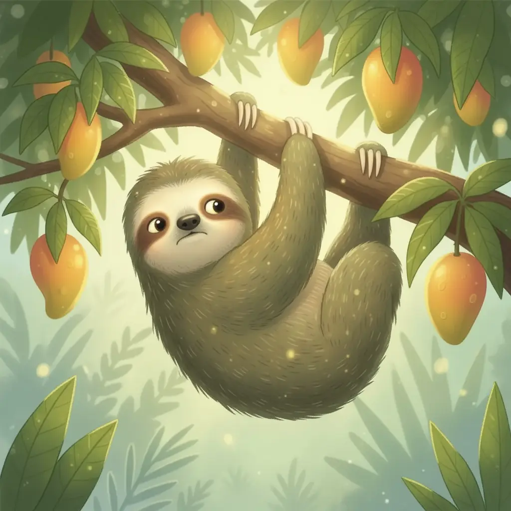 Pedro el perezoso cuelga lentamente de una rama, mirando mangos lejanos.