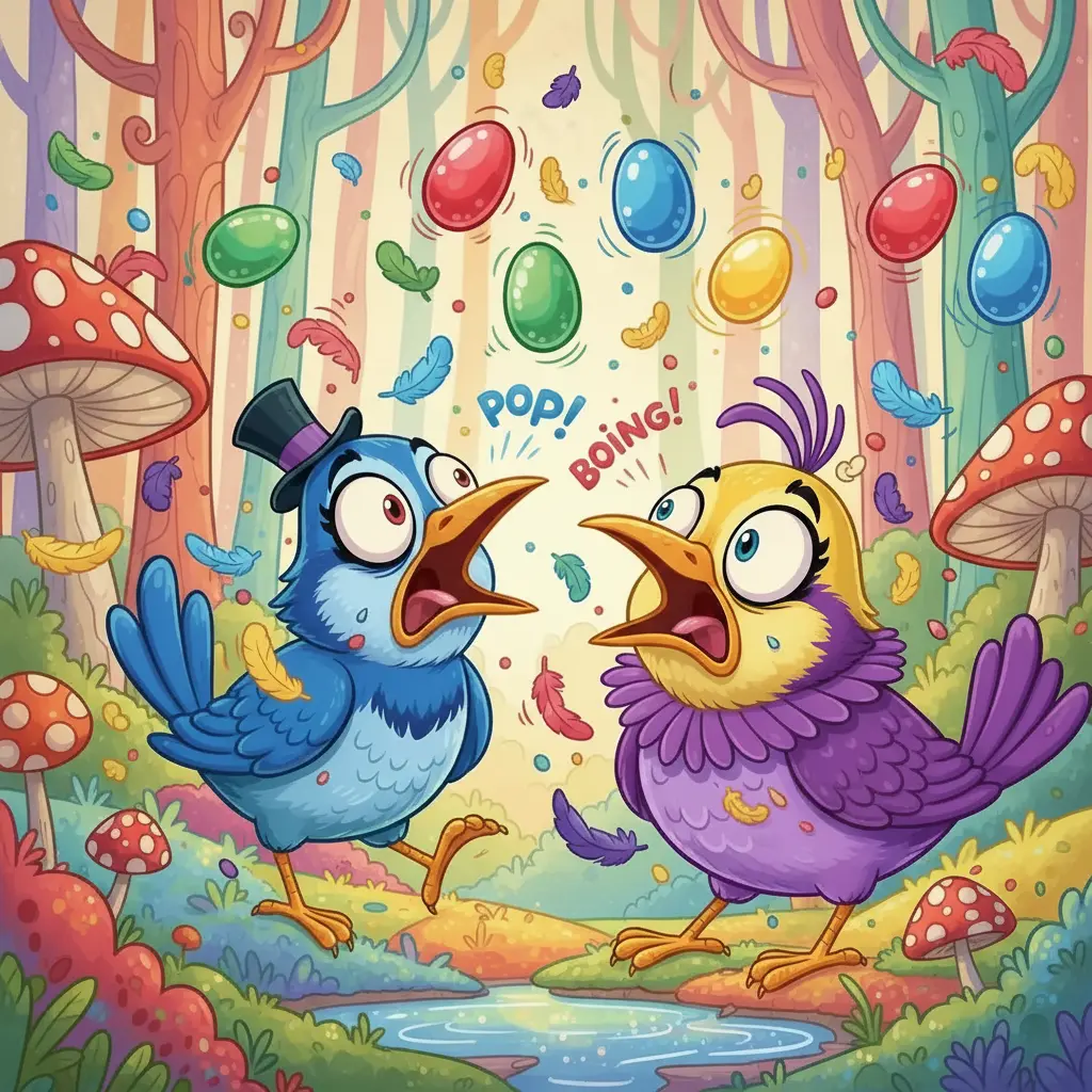 Los Pájaros Dramáticos miran, con expresiones exageradas, cómo sus huevos de gelatina saltan fuera del nido.