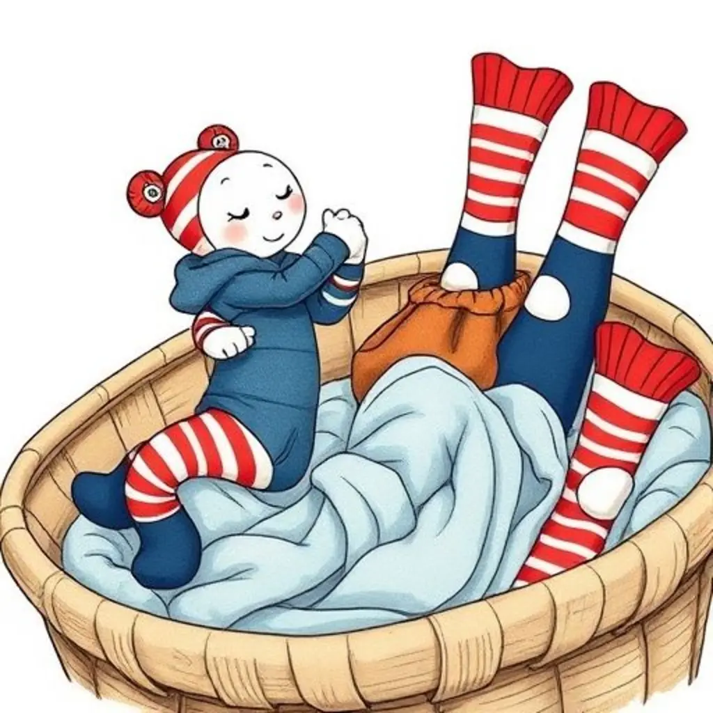 Calcetín Saltarín salta felizmente mientras ayuda a un calcetín azul a desenredarse. Otros calcetines ya emparejados aplauden en el fondo.