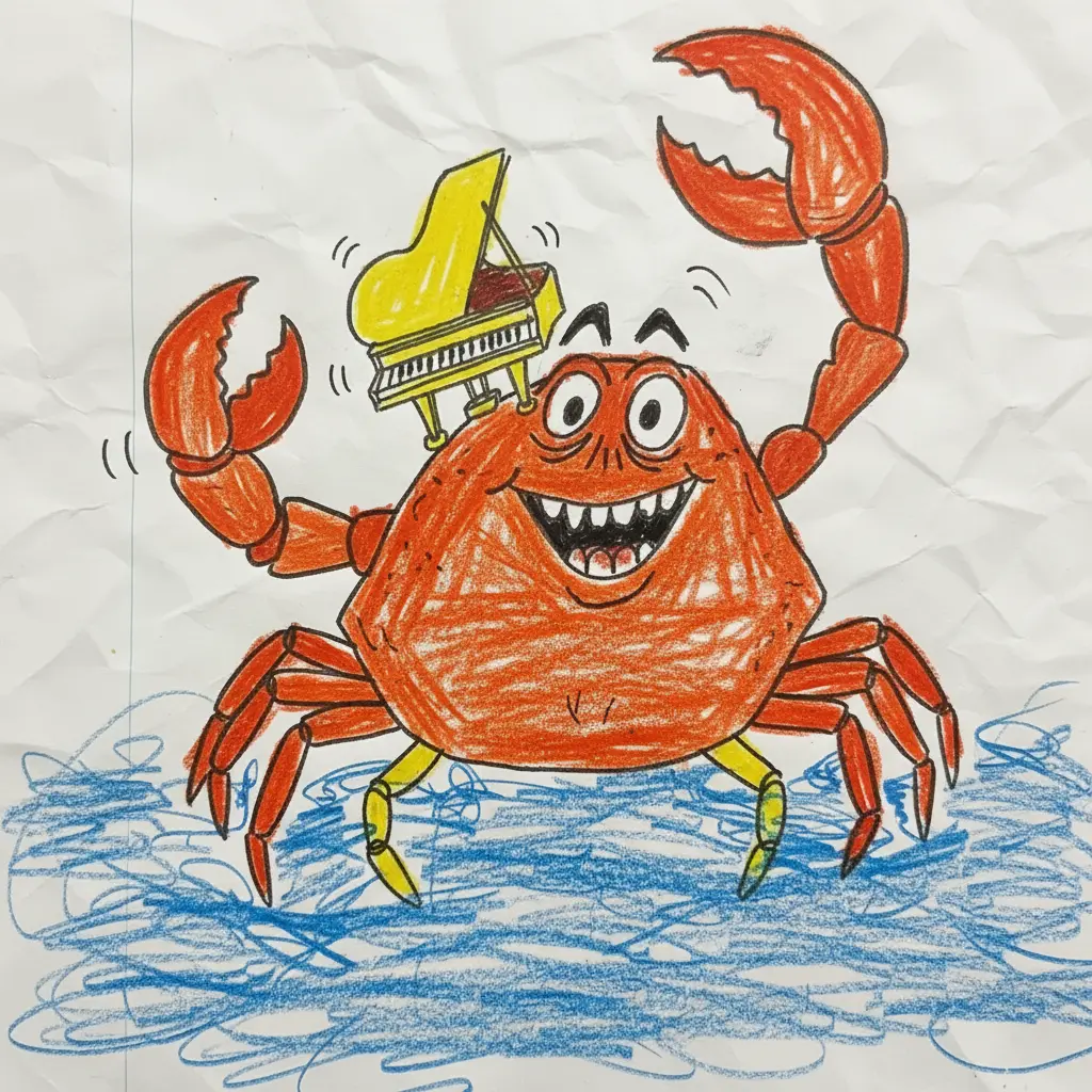 El piano amarillo le cae en la cabeza al cangrejo como si fuera un casco.