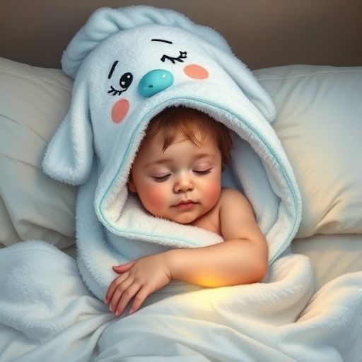 Toalla Nube, una toalla, abraza tiernamente a una niña en la cama, que se duerme con una sonrisa.