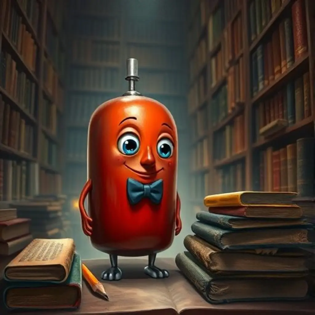 Nira, una afiladora roja, mirando lápices sin punta en un rincón secreto de la biblioteca.