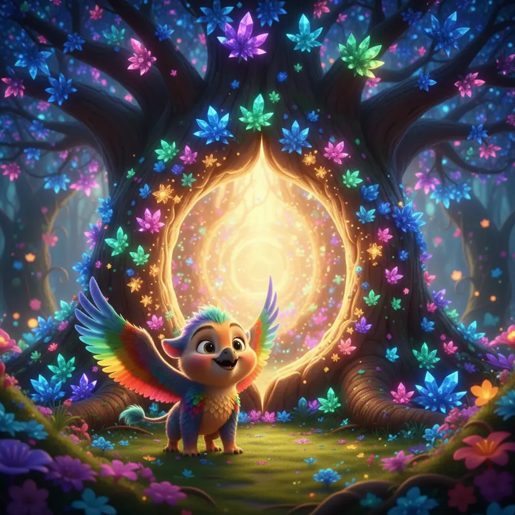 El grifo descubre un pasaje secreto lleno de luces mágicas.