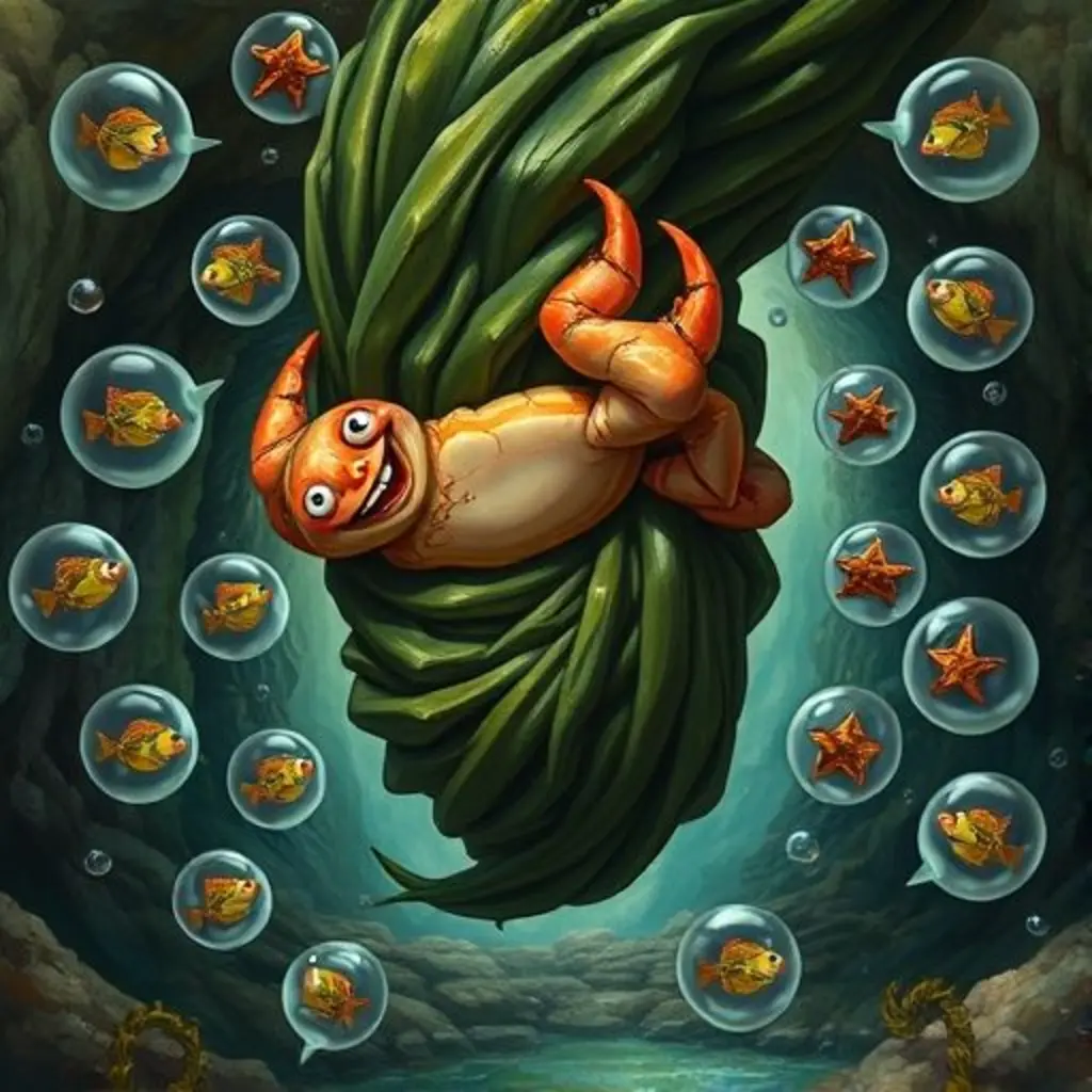 Caparazón se enreda en un alga gigante mientras las burbujas muestran sueños de peces tristes.