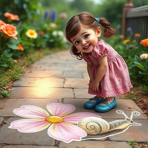 Sofía habla con una flor de tiza que huele y un caracol de tiza que se mueve.