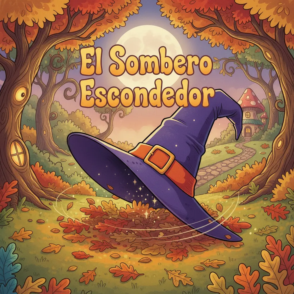 Un sombrero de bruja puntiagudo olvidado en un jardín mágico de otoño bajo la luna.