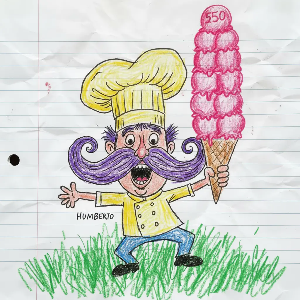 Un hombre diminuto con un bigote violeta gigante sostiene un helado de cincuenta bochas mientras sus pies se hunden en el pasto.