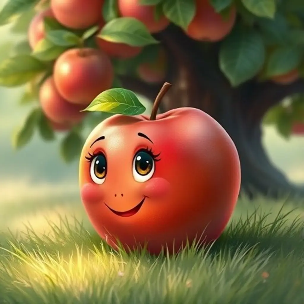 Pepita, una manzana roja, recién caída del árbol y mirando a su alrededor con curiosidad.