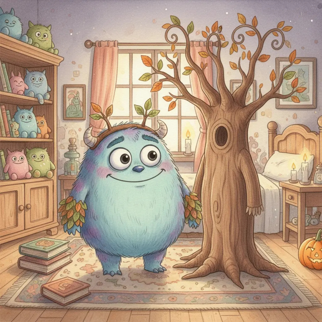 Peluchín, un monstruo suave y peludo con ojos saltones, se prepara en su cuarto con su disfraz de árbol abrazador, con una luz cálida.