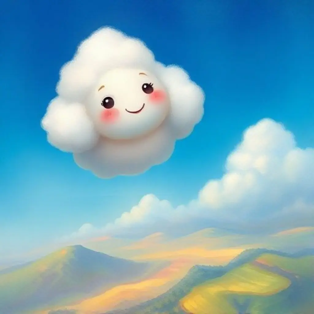 Nimbus, una nube curiosa, mira un valle colorido desde el cielo.
