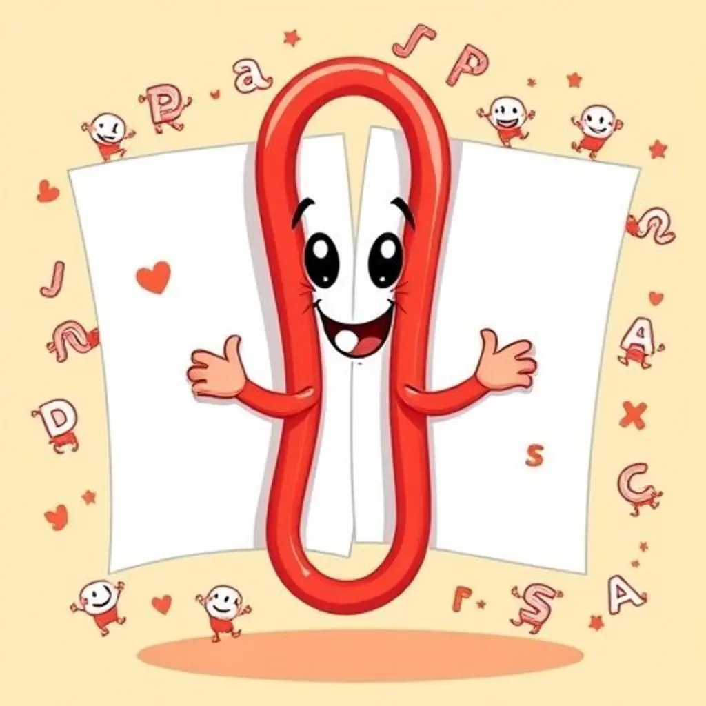 AbrazoPapeles, el clip rojo, abraza tres hojas mientras muchas letras bailan felices.