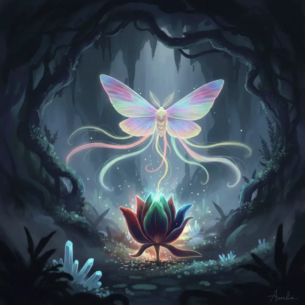 La flor nocturna abierta, mostrando todos los colores vibrantes, mientras Aura la contempla con alegría.