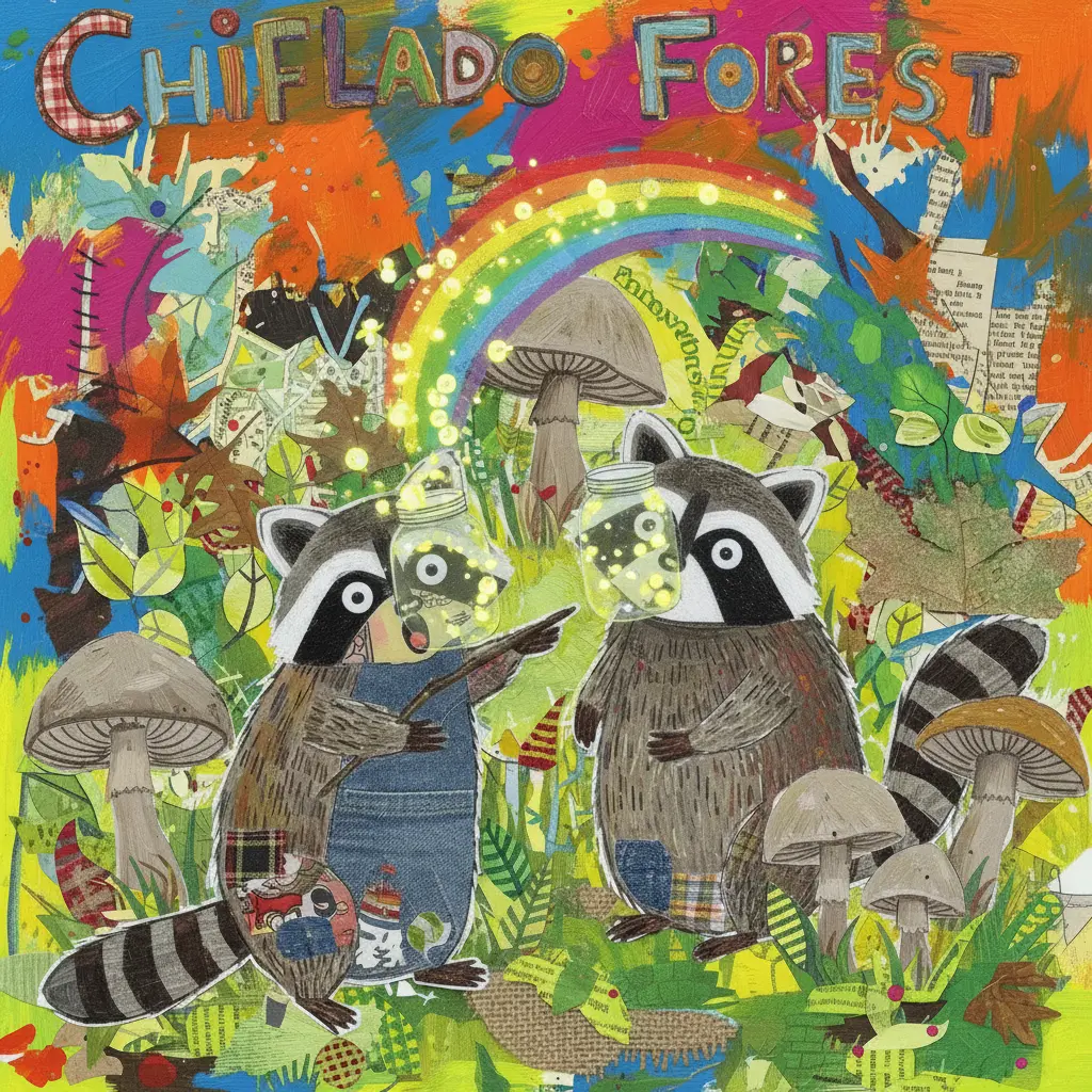 Las luciérnagas escapan de los frascos, formando un arcoíris brillante sobre los mapaches sorprendidos.