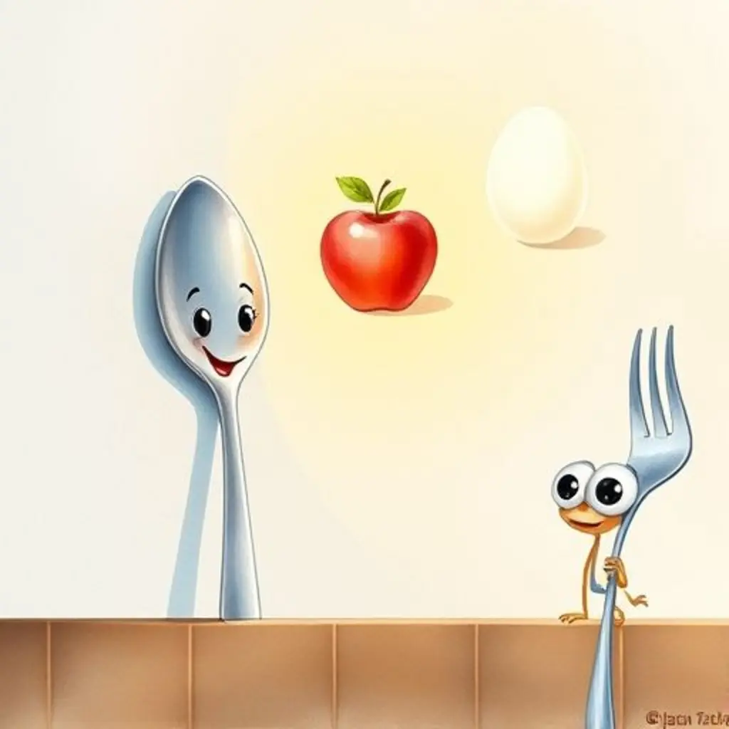 Brillita dibuja con luz una nube de azúcar, una manzana y un huevo mientras el tenedor Tenedorín la observa.