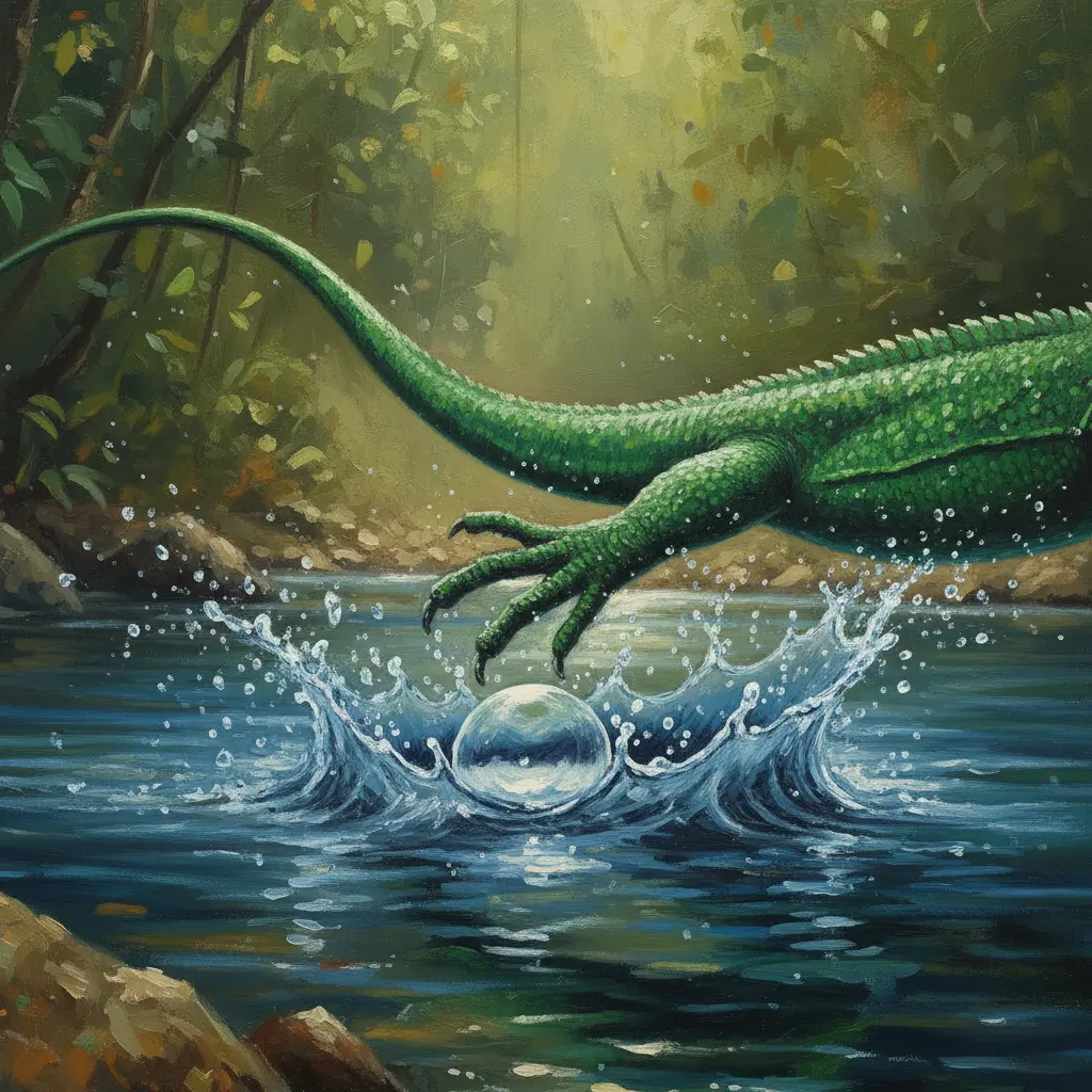 Detalle de la pata del basilisco golpeando el agua, con una burbuja de aire atrapada bajo sus dedos que lo mantiene a flote.