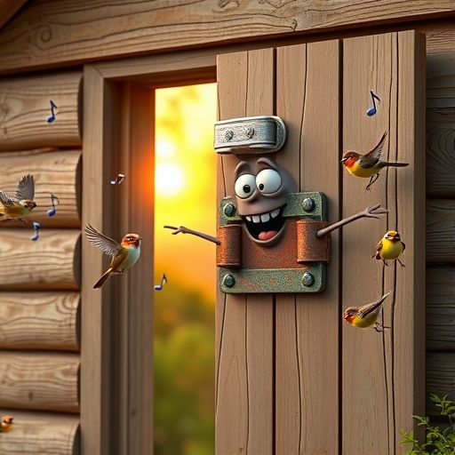 La bisagra Bisagra Chirrido, muy feliz, rodeada de pajaritos que cantan con ella mientras el sol se pone.
