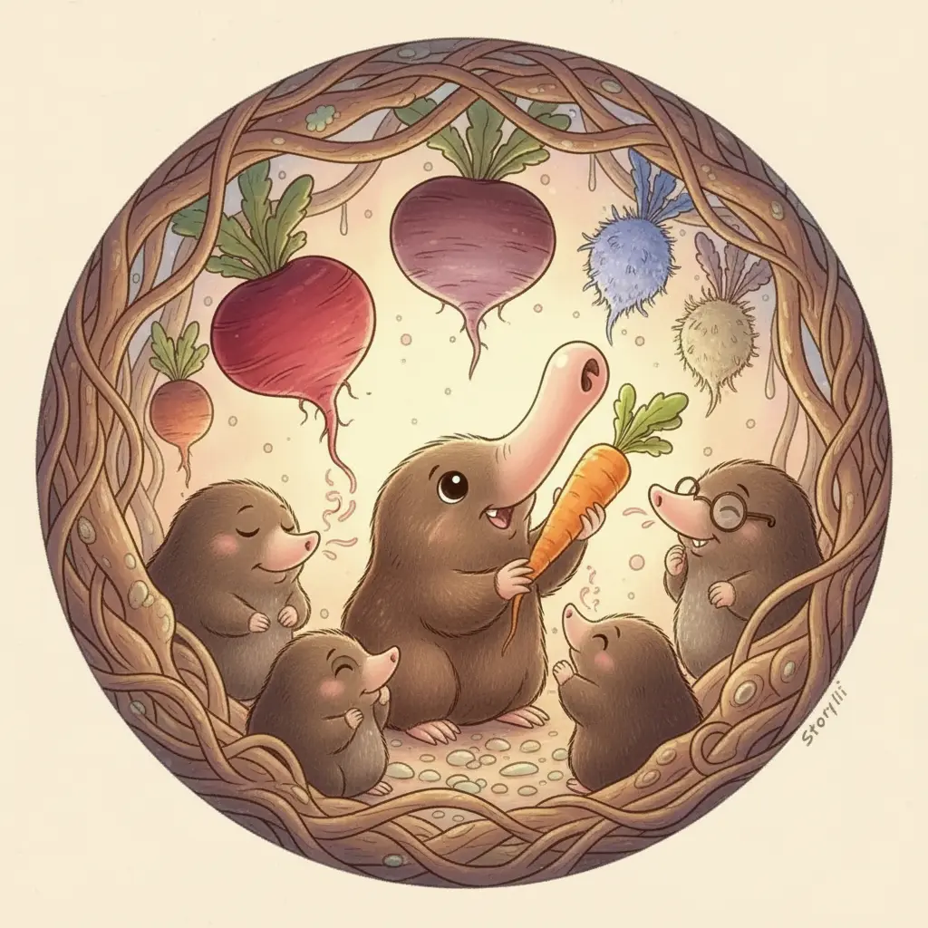 Otros topos descubren las raíces a través del olfato y el tacto, guiados por Blas.