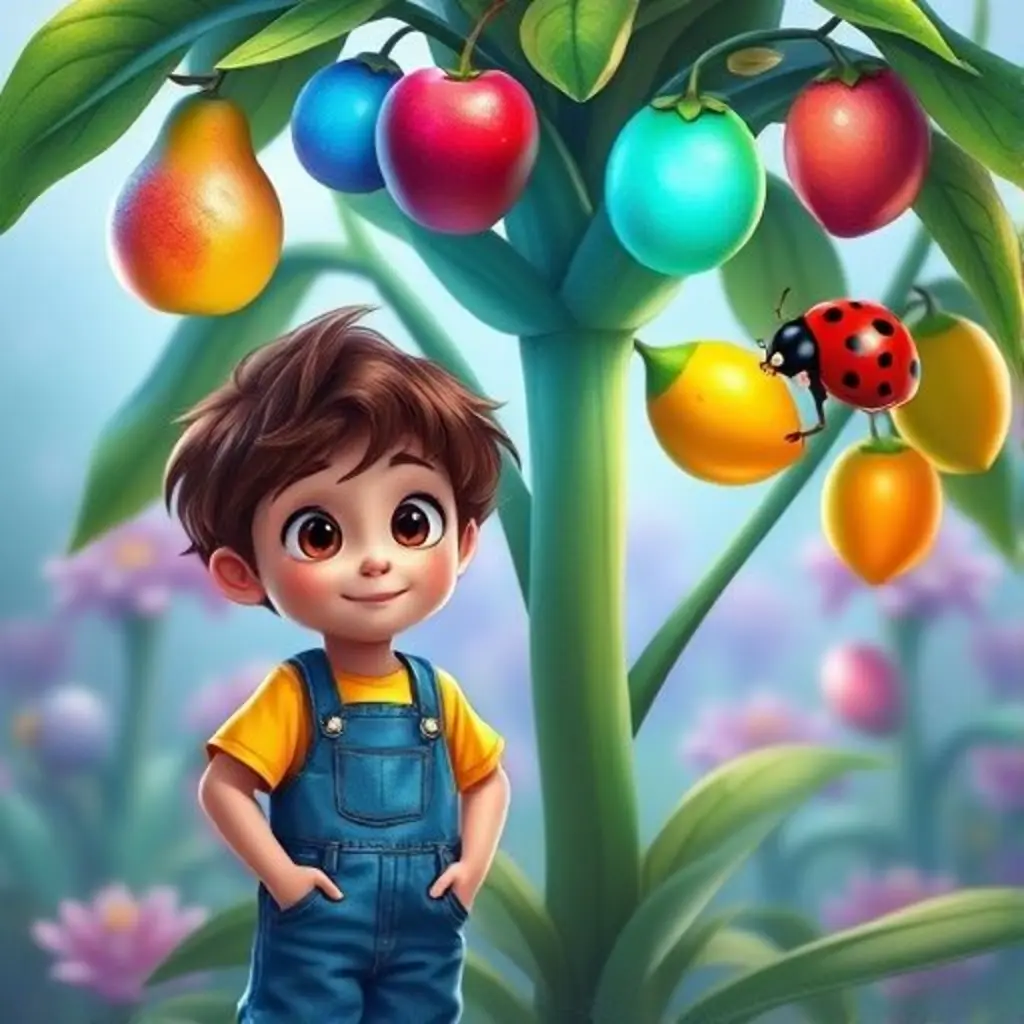 Pedrito y Lucía la mariquita junto a la planta mágica con frutos de colores.