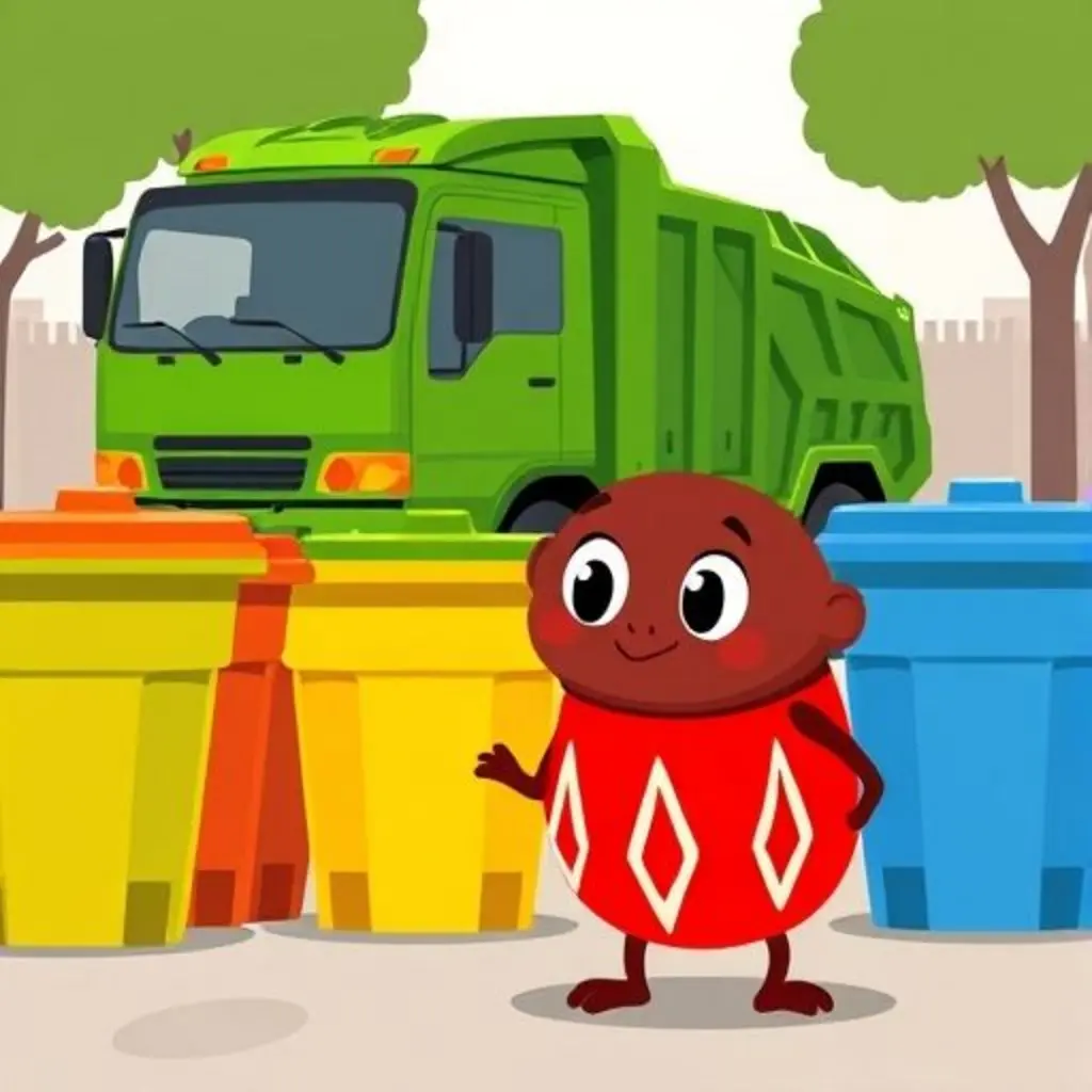 Tumbita, un tamboril rojo y blanco, mira sorprendido un camión de basura verde.