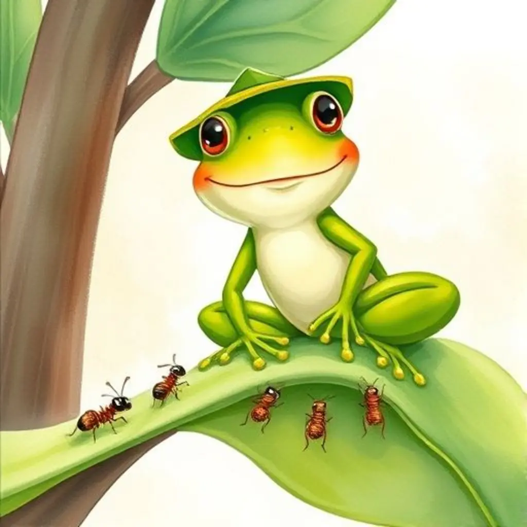 Salto usa su lengua para crear un puente de hojas y ayudar a las hormiguitas a cruzar.