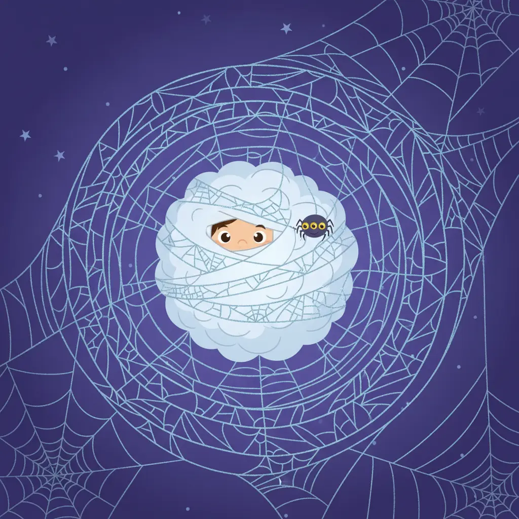 Enredito, convertida en una gran bola de algodón, observa a una arañita, Teje-Teje, tejerle nuevas vendas brillantes bajo un cielo estrellado y púrpura.