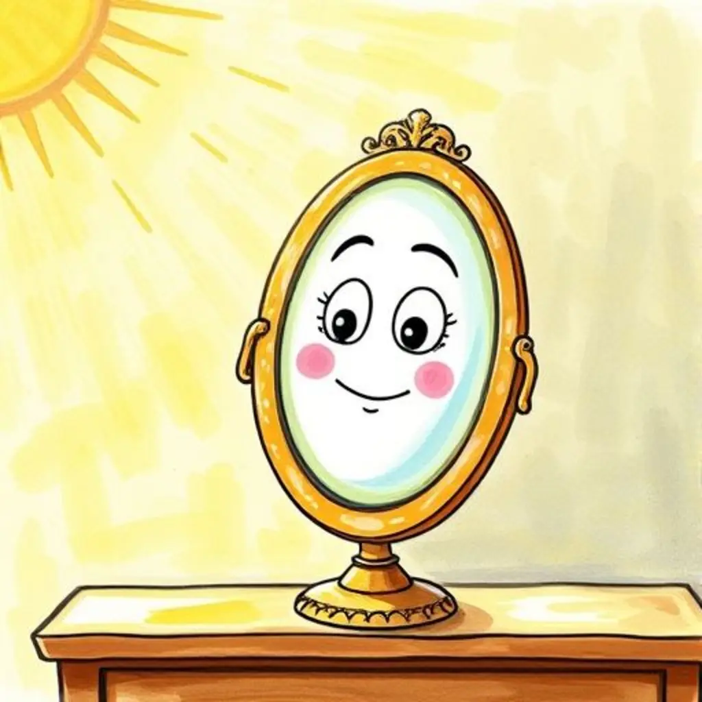 Un rayo de sol brillante golpea a Espejito Reluciente, que empieza a brillar.