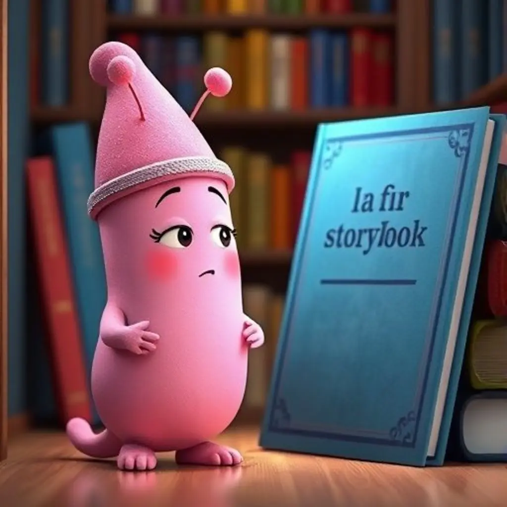 Sufi, un borrador rosado con sombrero, mira preocupado un libro triste en una biblioteca.