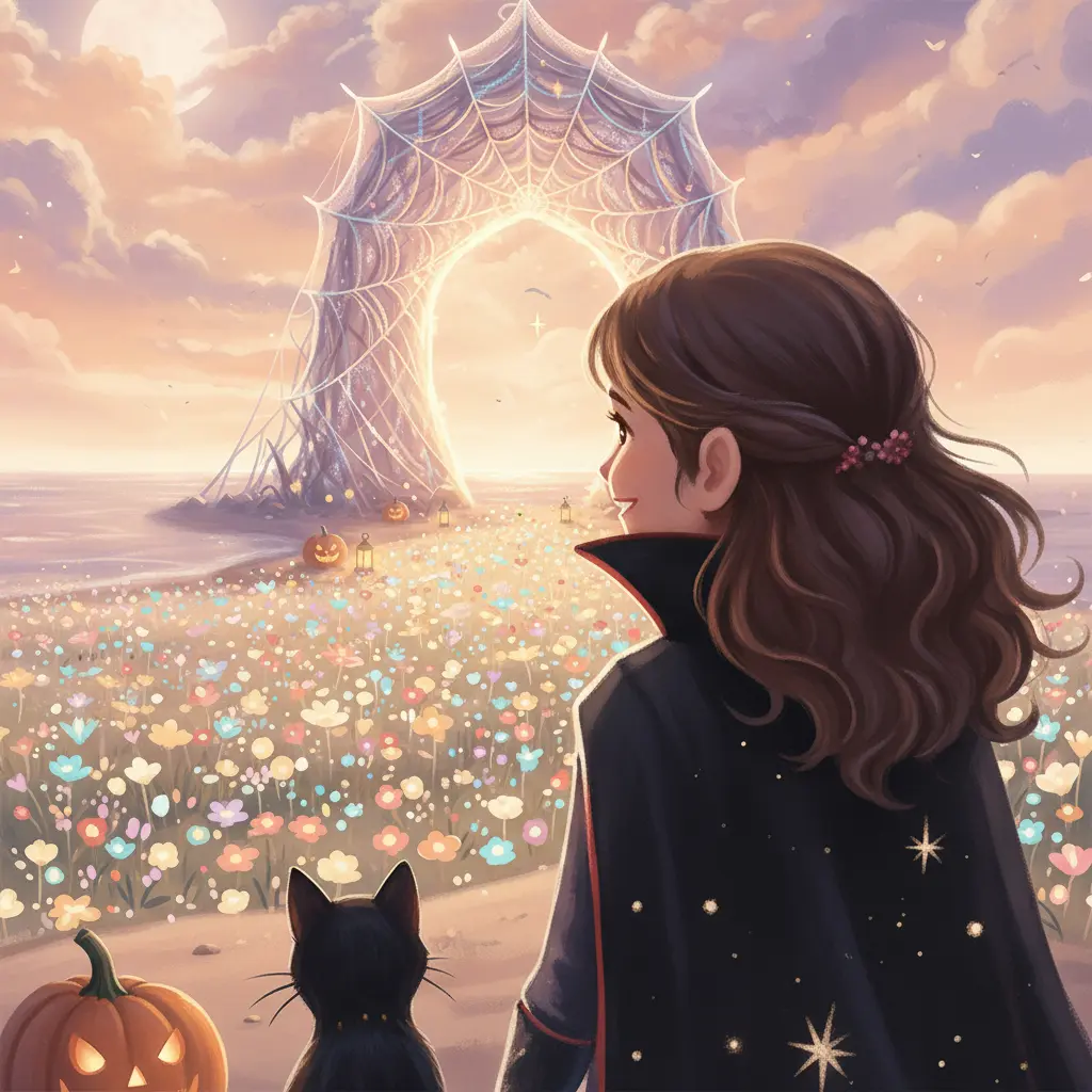 Olivia y Sombra, con expresiones de asombro y alegría, miran una brillante telaraña gigante que revela un campo de flores luminosas bajo la luz de la luna en la orilla del mar.