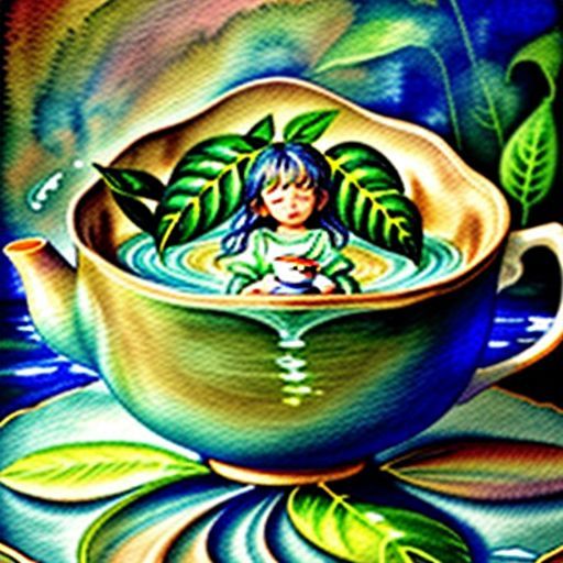 Verde the tea leaf, transformed into a golden-green, floats peacefully in a teacup, bringing comfort with her stories.