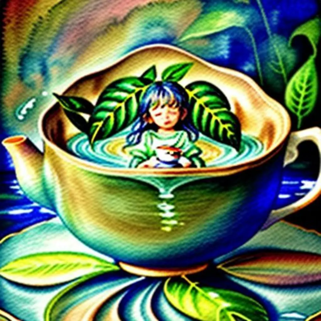 Verde the tea leaf, transformed into a golden-green, floats peacefully in a teacup, bringing comfort with her stories.