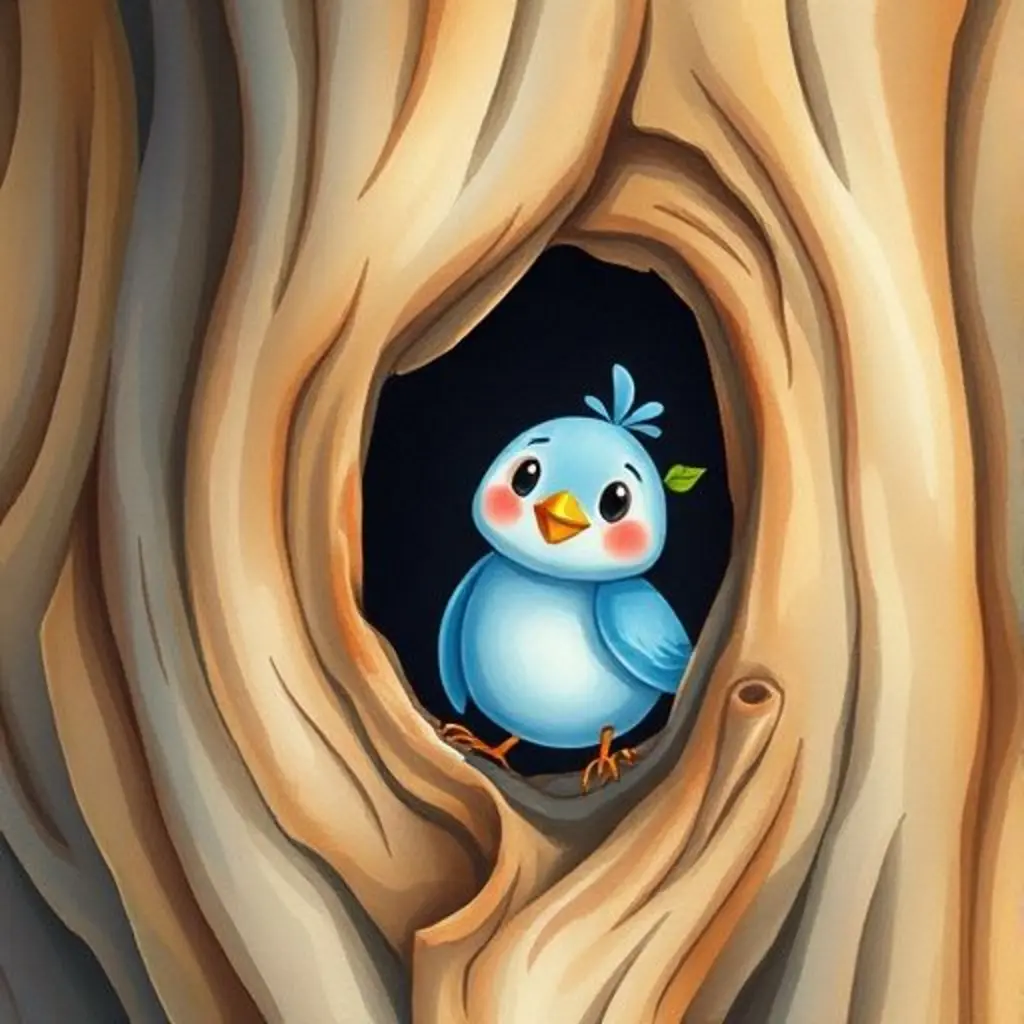 Pío asomándose a un agujero oscuro en un árbol hueco.