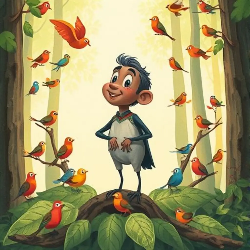 Ramo, la ramita, rodeado de pájaros agradecidos en un bosque soleado.