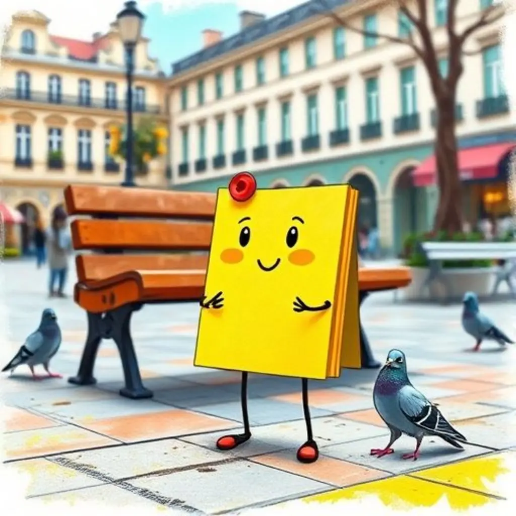 Fami-Nota, una nota pegajosa con patitas y sombrero, mira un banco en la plaza.