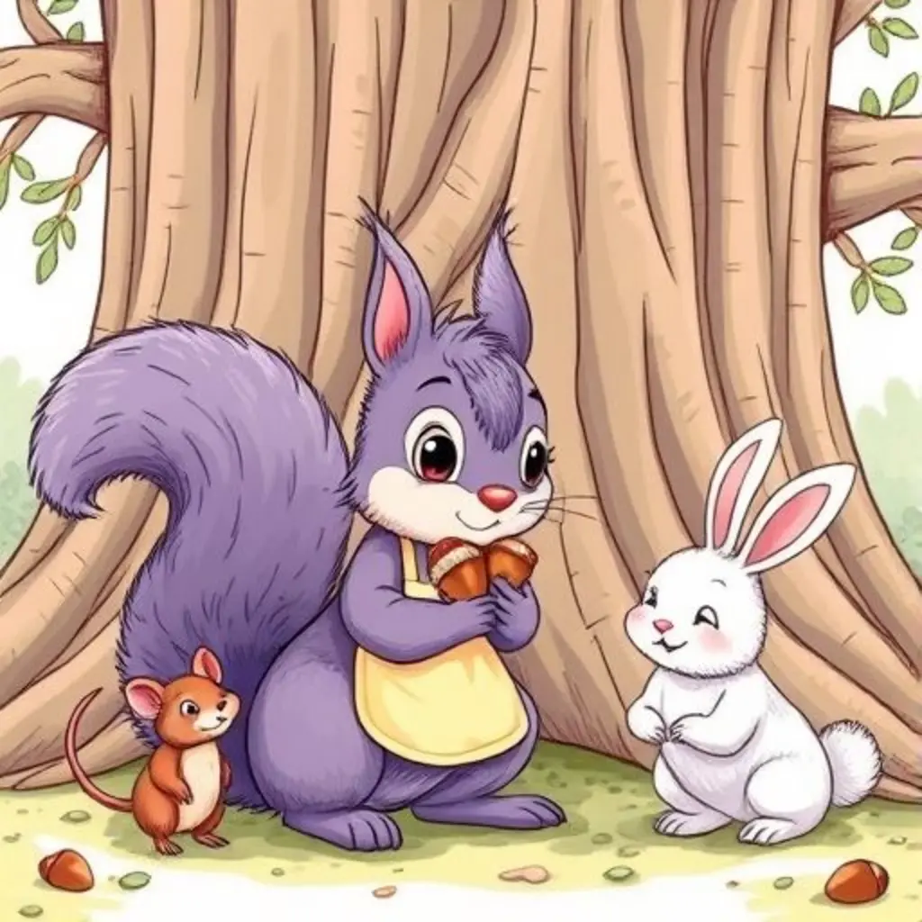 Ardilla Lila compartiendo bellotas con el Ratón Pérez y la Coneja Blanca.