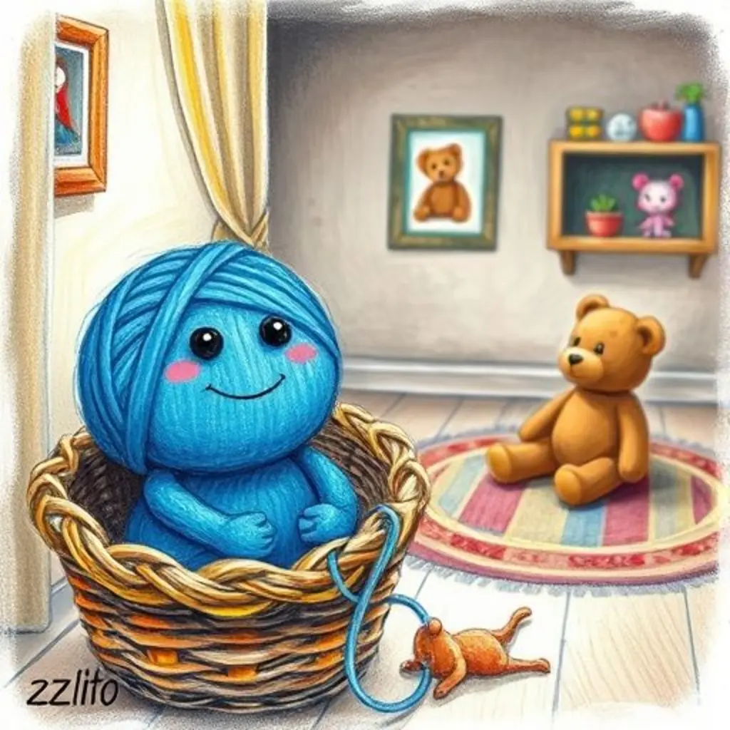 Azulito, un ovillo azul, mira a un osito y una muñeca solos en la habitación.