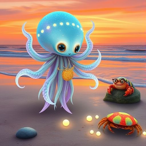 Disio, una criatura luminosa, recogiendo perlas brillantes en la playa al atardecer, observado por Cangrejo Sabio.