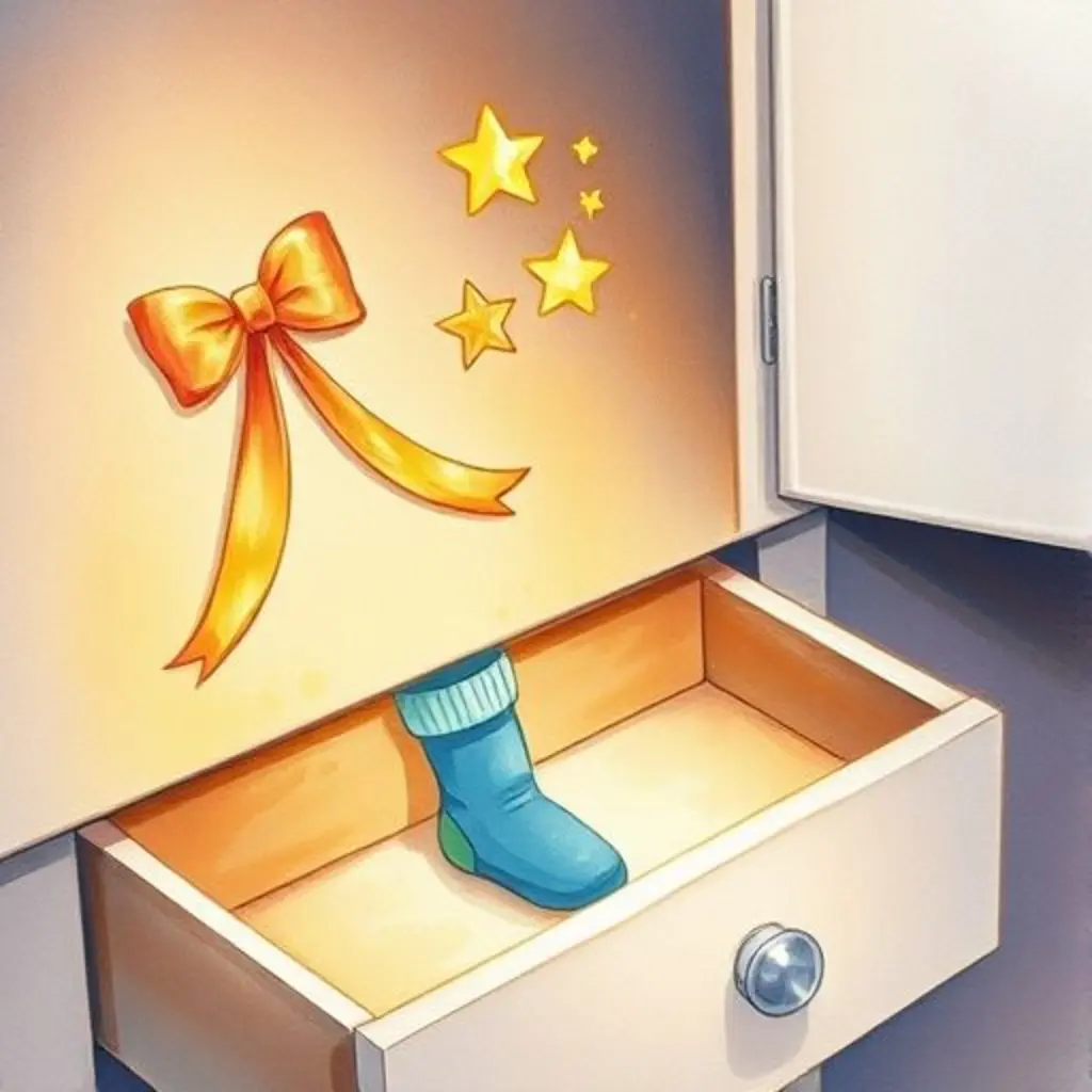 Brisa proyecta estrellas brillantes hacia un calcetín azul y triste en un rincón oscuro.