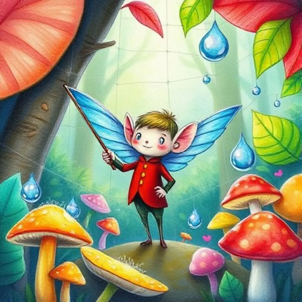 Sutón, un pequeño ser, tocando una telaraña brillante en un bosque.