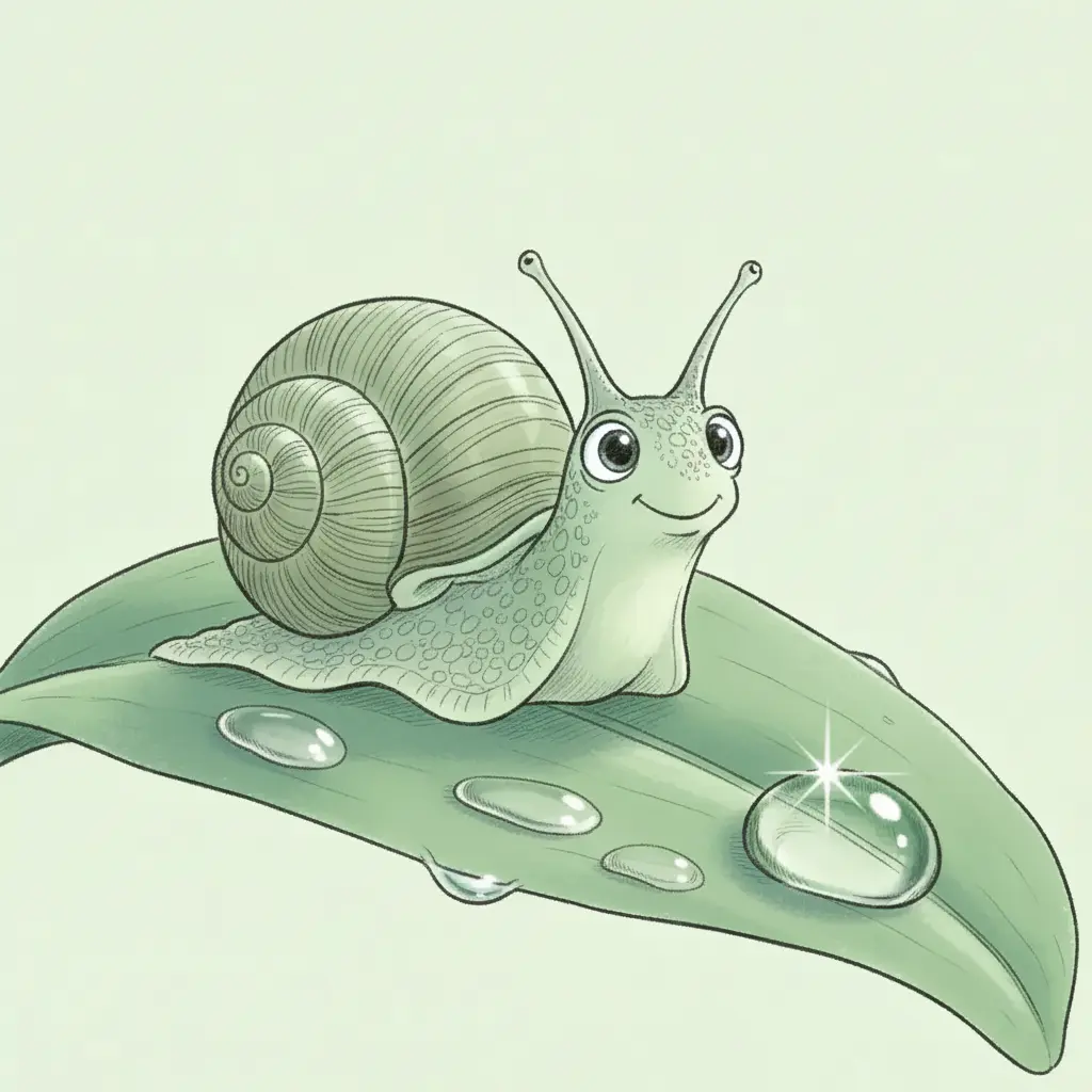 Un caracolito se desliza lentamente sobre una hoja mojada.