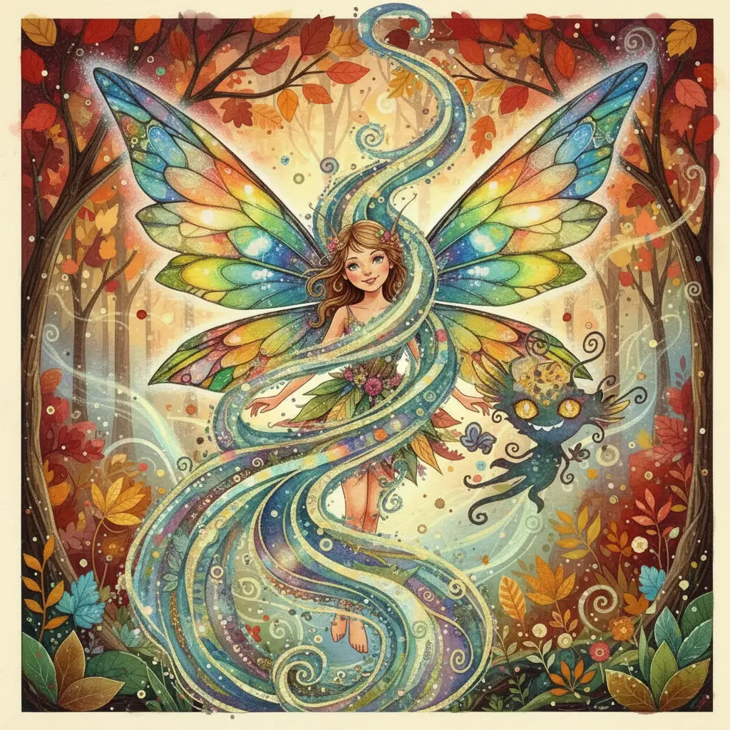 Lyra la pixie está rodeada por la neblina mágica, y una criatura metamórfica y traviesa aparece flotando a su lado.