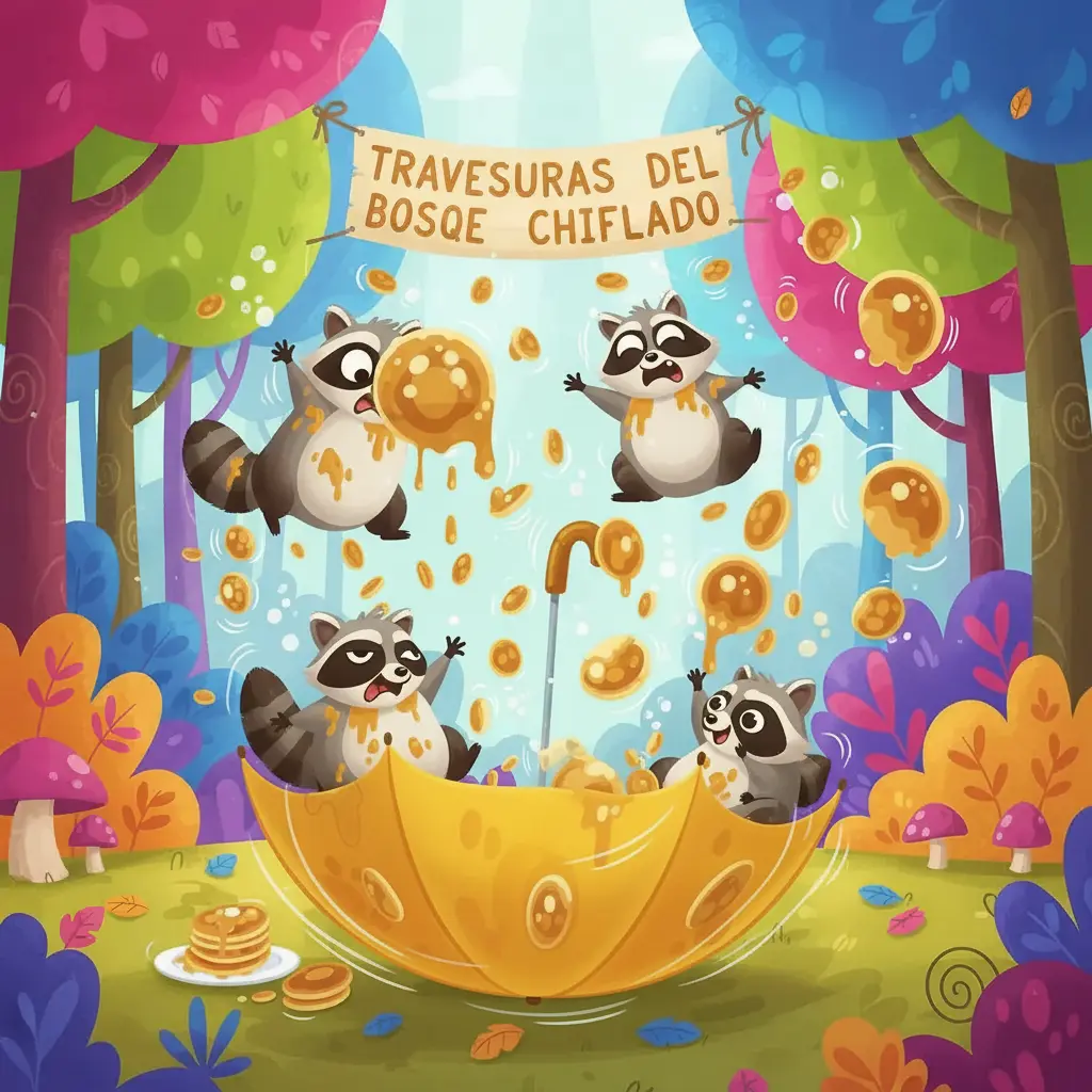 Los mapaches intentan atrapar las burbujas pegajosas y el paraguas tiembla.