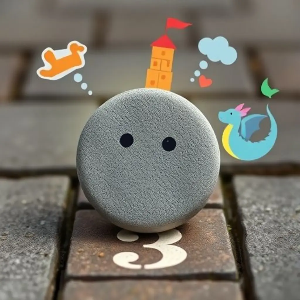 Saltarina aterrizando en la casilla tres de la rayuela, rodeada de burbujas de deseos de niños como un perro volador y un dragón de nubes.