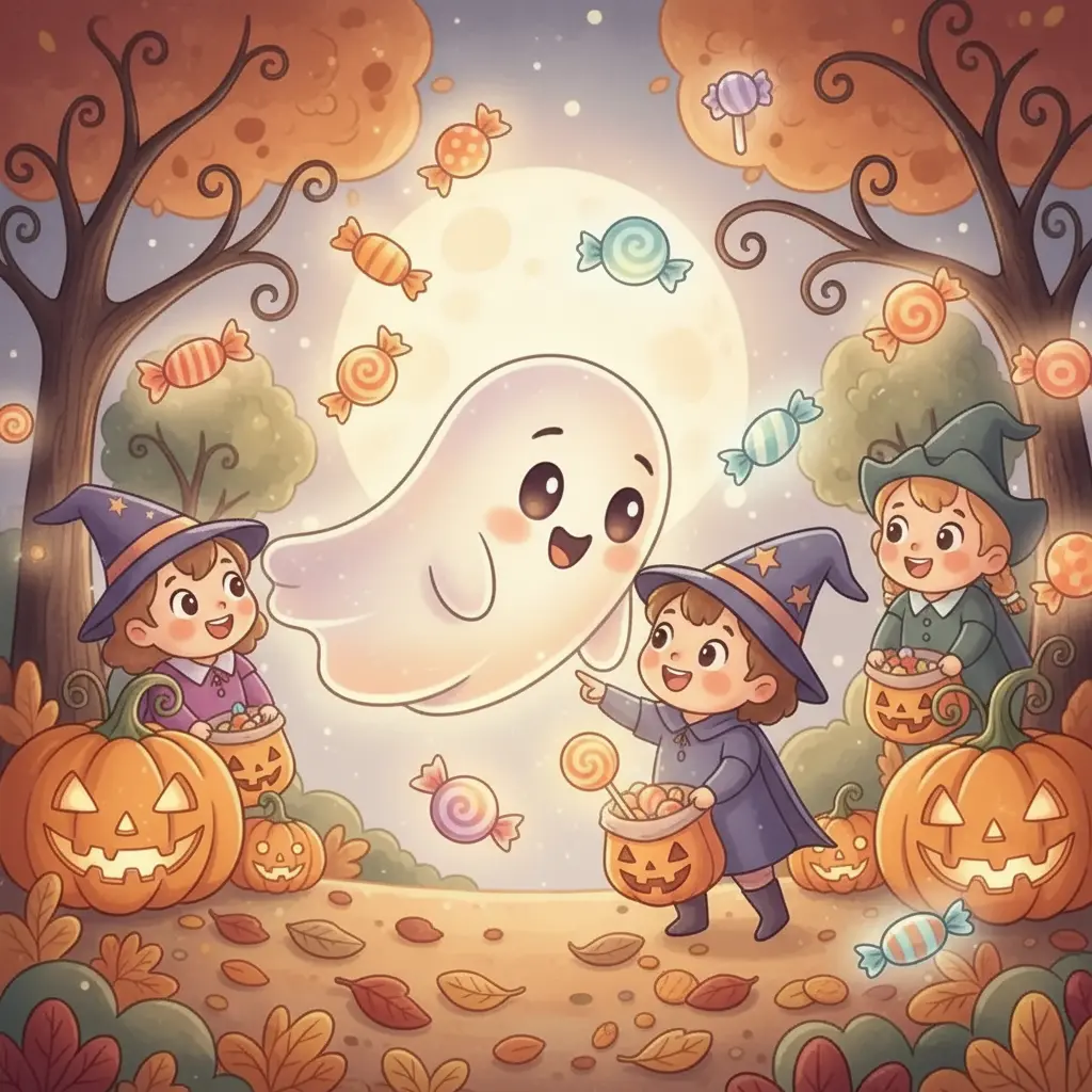 Gasparín, feliz, susurra a niños que reciben dulces mágicos.