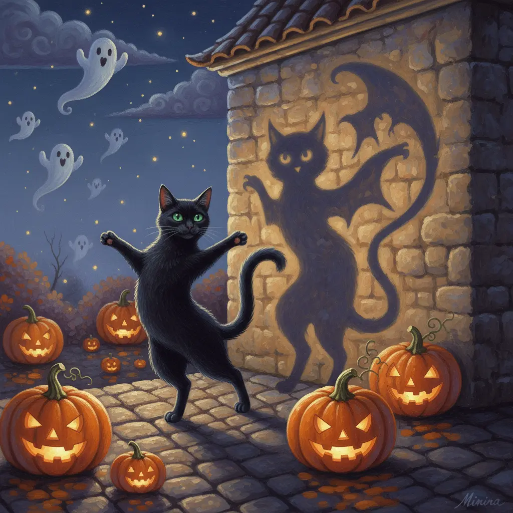 Minina y su sombra bailan juntas en un tejado bajo la luz de la luna, creando un espectáculo improvisado y mágico que divierte a todos.