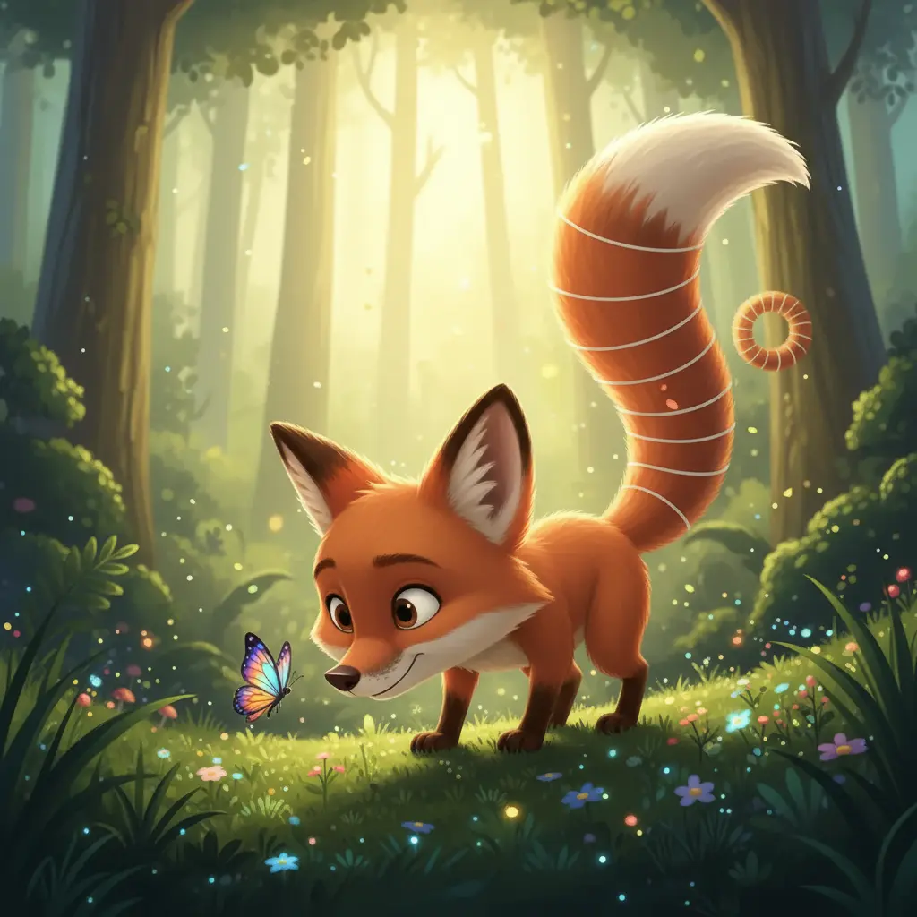 El zorrito huele una mariposa en la hierba.