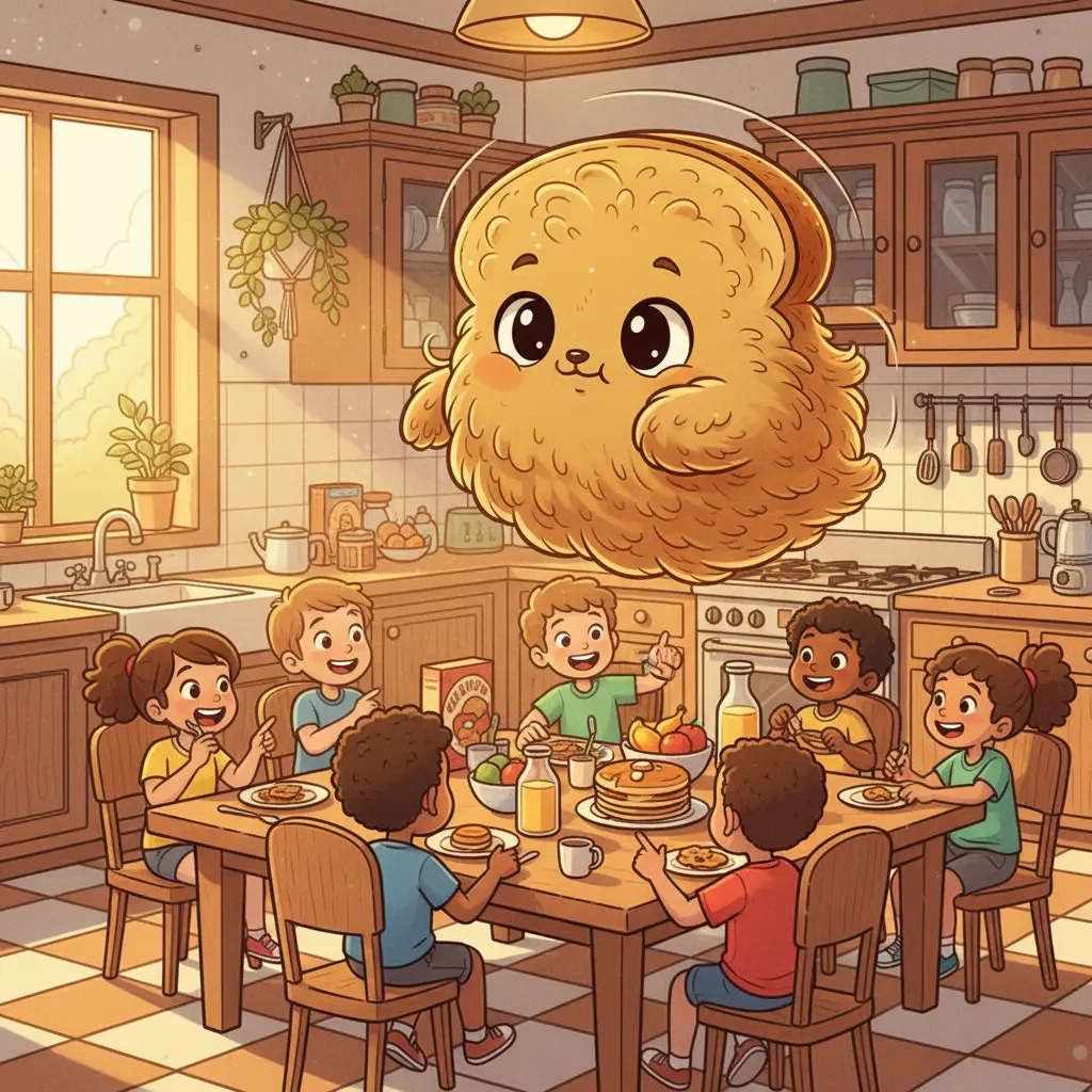 Tostín, un personaje con forma de tostada, flota tristemente en una cocina soleada.